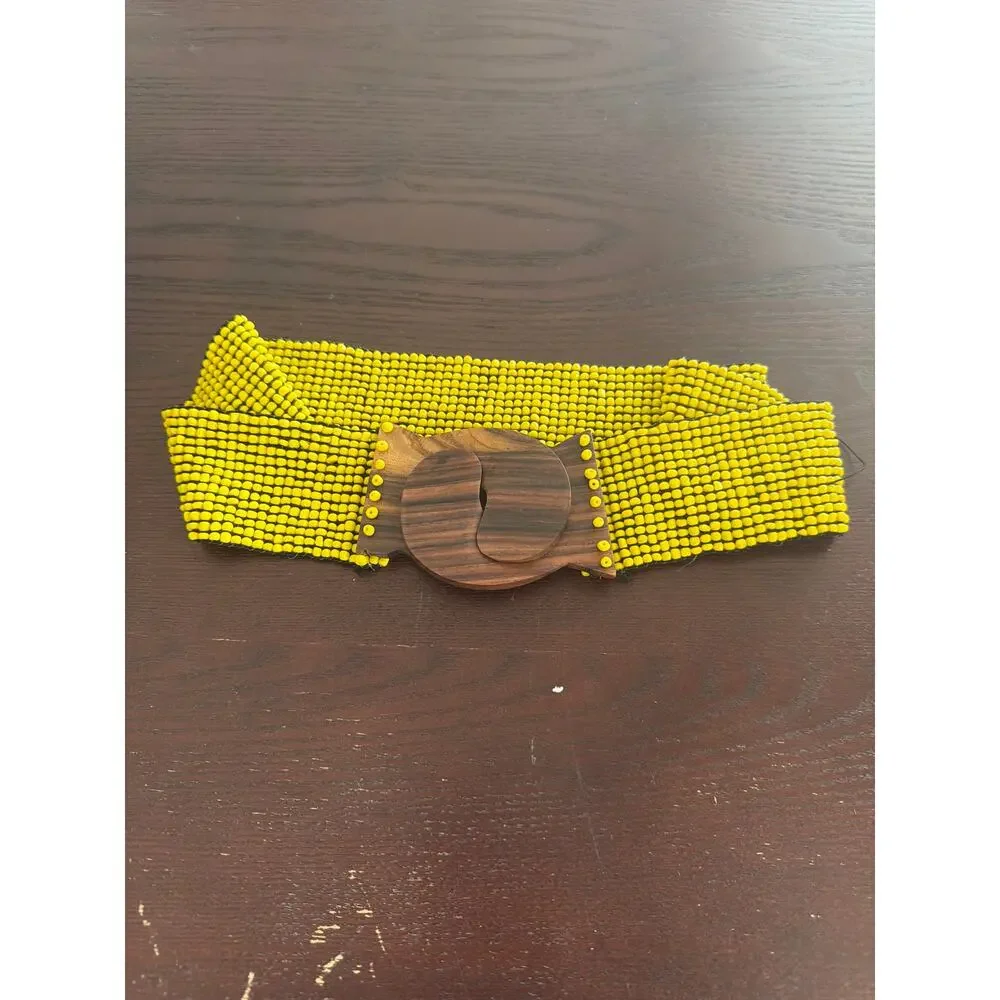Wide Stretch Belt Vibrant Yellow Seed Bead Band Interlocking Carved Wood Buckle